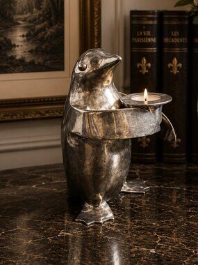 Vintage Restoration Hardware Silver Plate Penguin Candle Holder